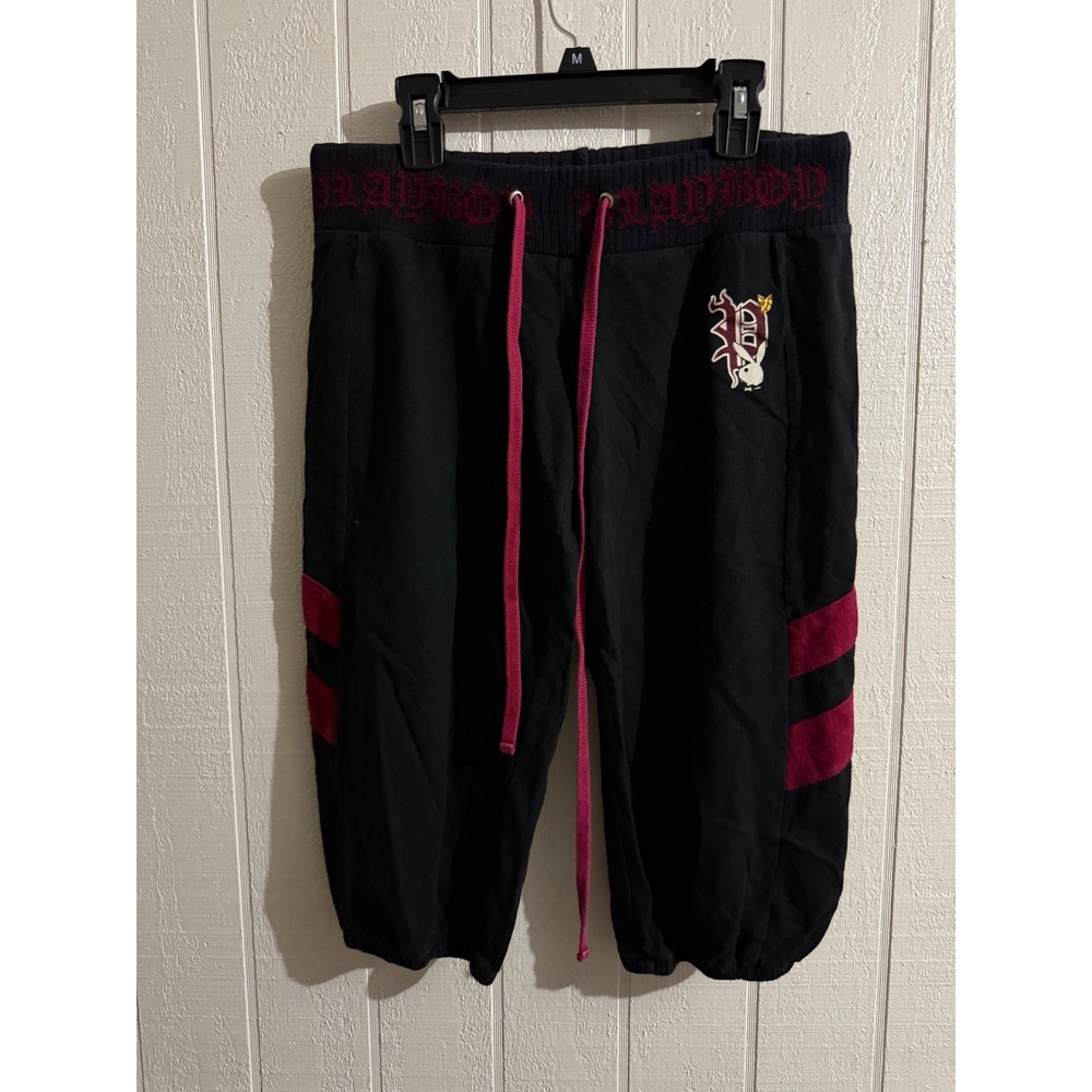 Playboy Women Black Burgundy Cropped Sweatpants Joggers Logo Size S/M